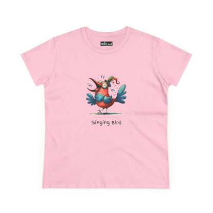 Pink Printify t-shirt featuring a colorful cartoon singing bird design with text singing bird shirt