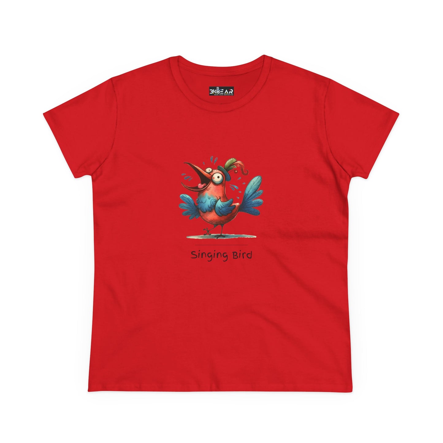 Red Printify T-Shirt featuring a colorful cartoon singing bird shirt design with playful blue and red tones