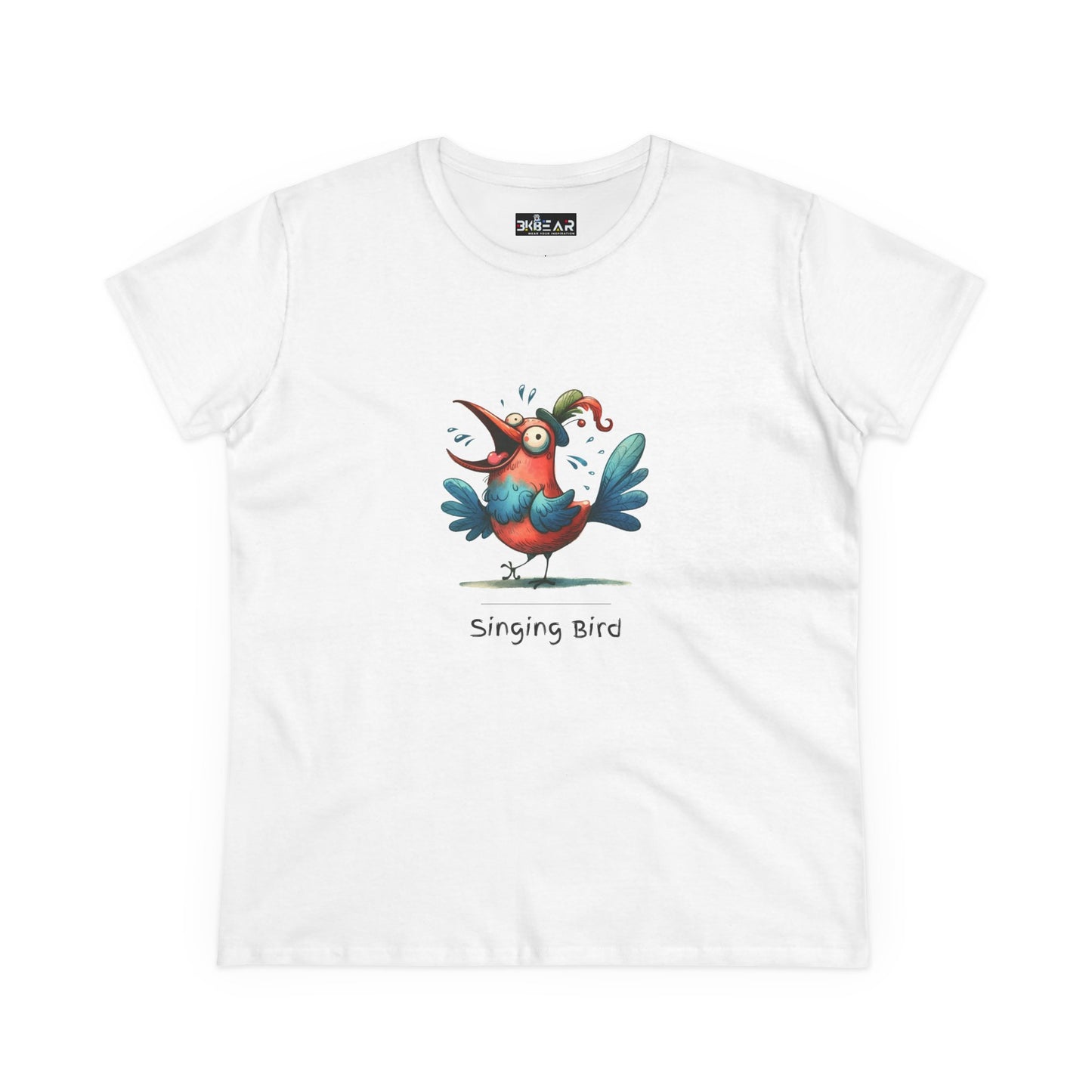 White Printify t-shirt with colorful cartoon singing bird shirt design on front