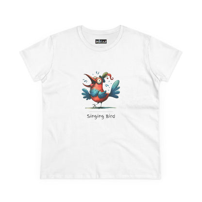 White Printify t-shirt with colorful cartoon singing bird shirt design on front