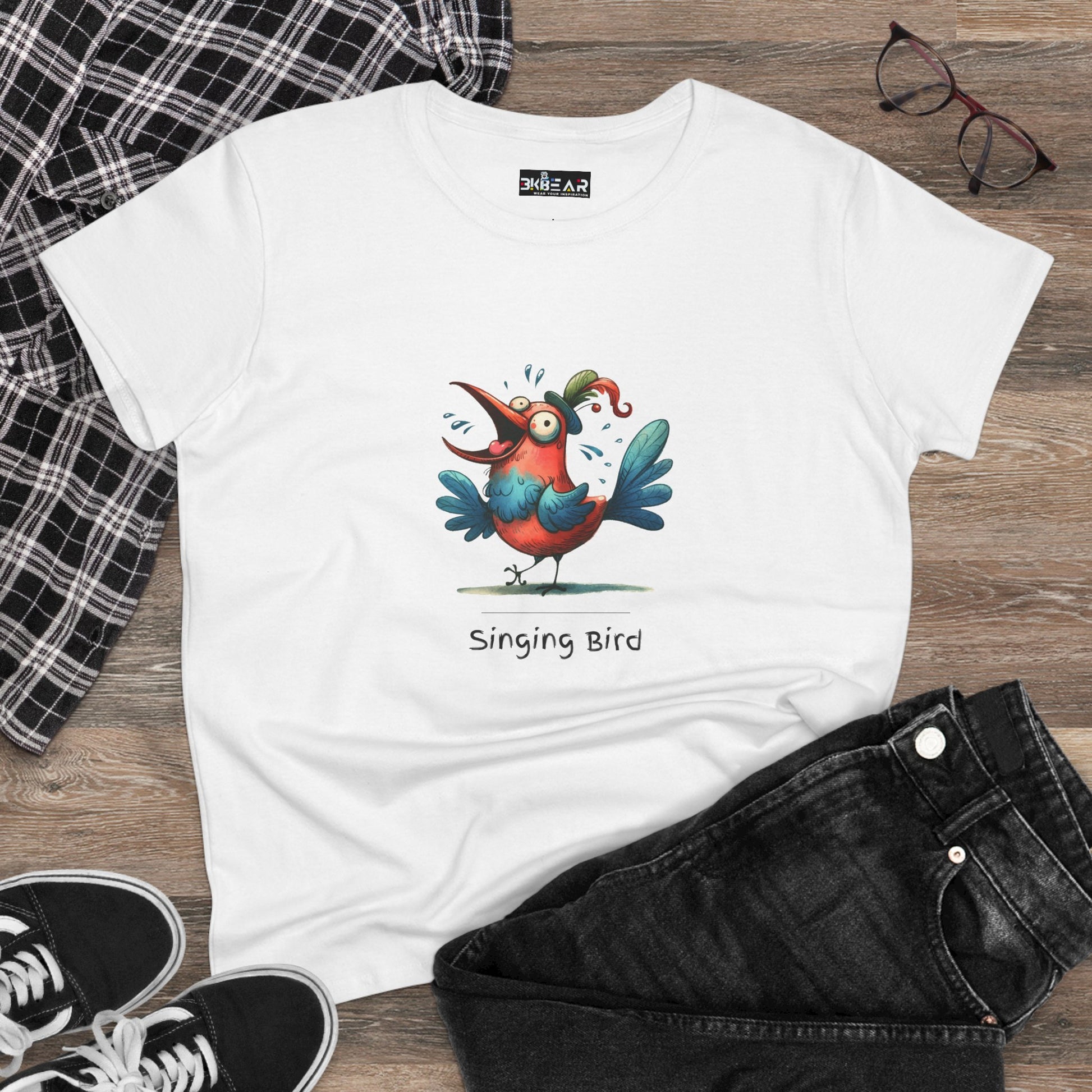 White Printify T-shirt featuring a colorful cartoon singing bird shirt design with casual outfit