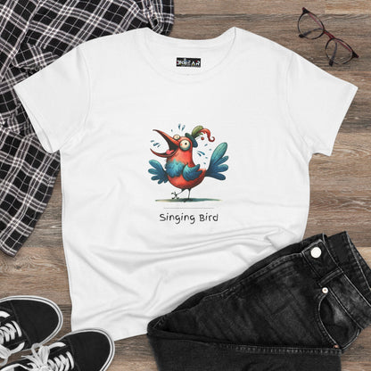 White Printify T-shirt featuring a colorful cartoon singing bird shirt design with casual outfit