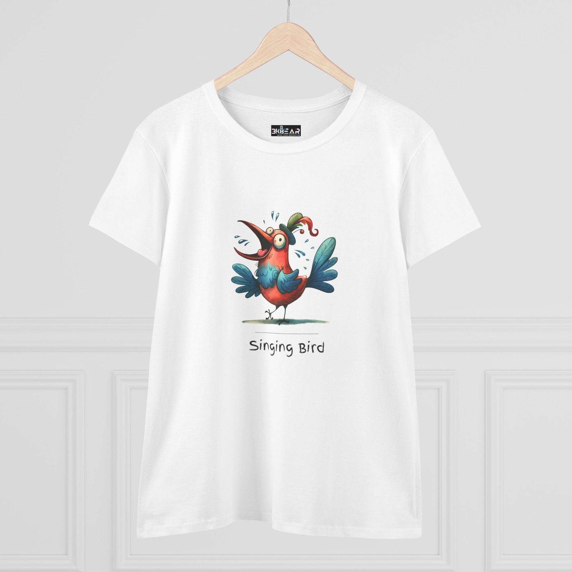 White Printify T-shirt with colorful cartoon singing bird design and singing bird shirt text