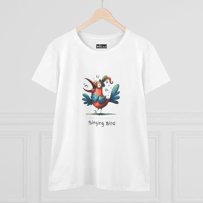 White Printify T-shirt with colorful cartoon singing bird design and singing bird shirt text