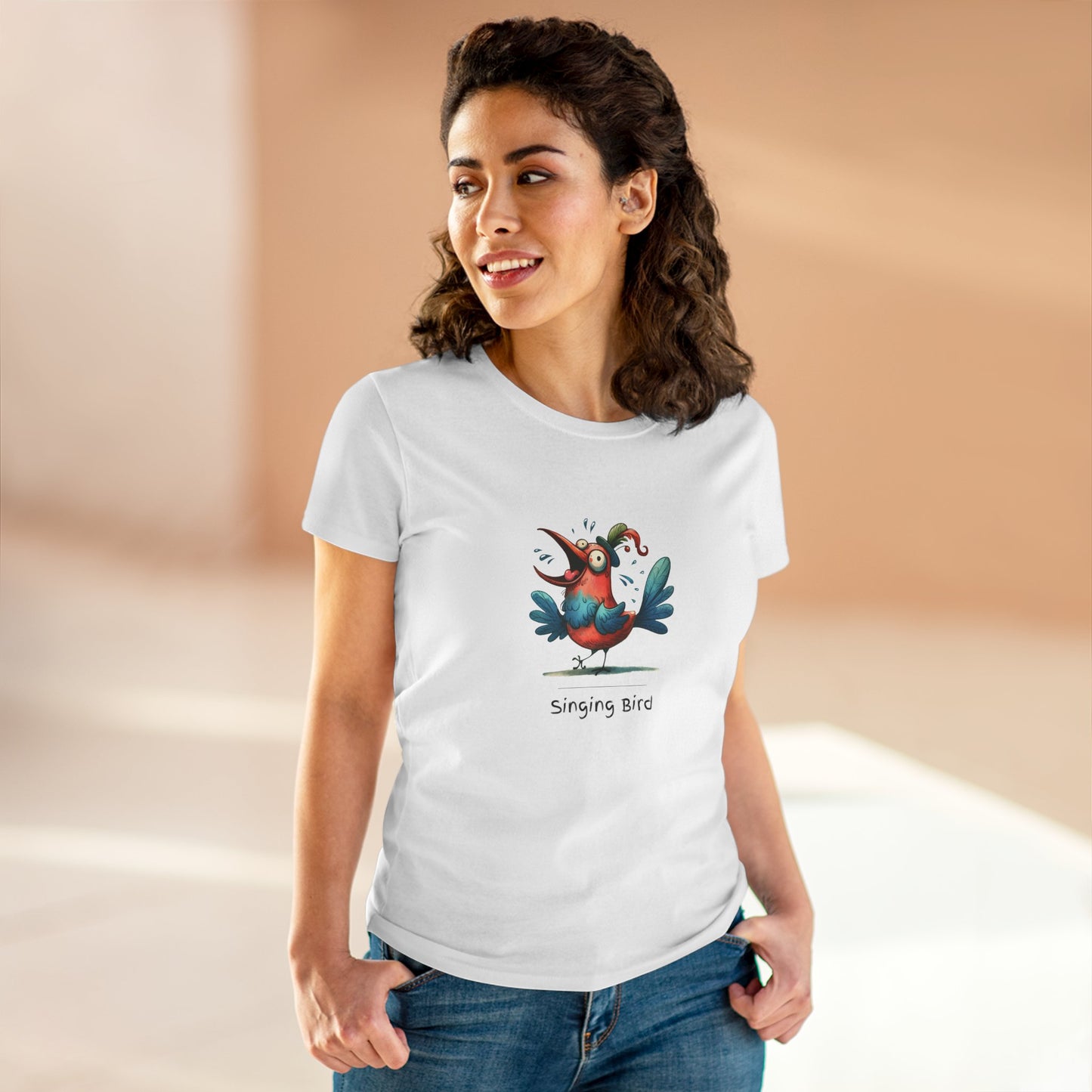 Printify white t-shirt featuring colorful singing bird shirt graphic worn by woman