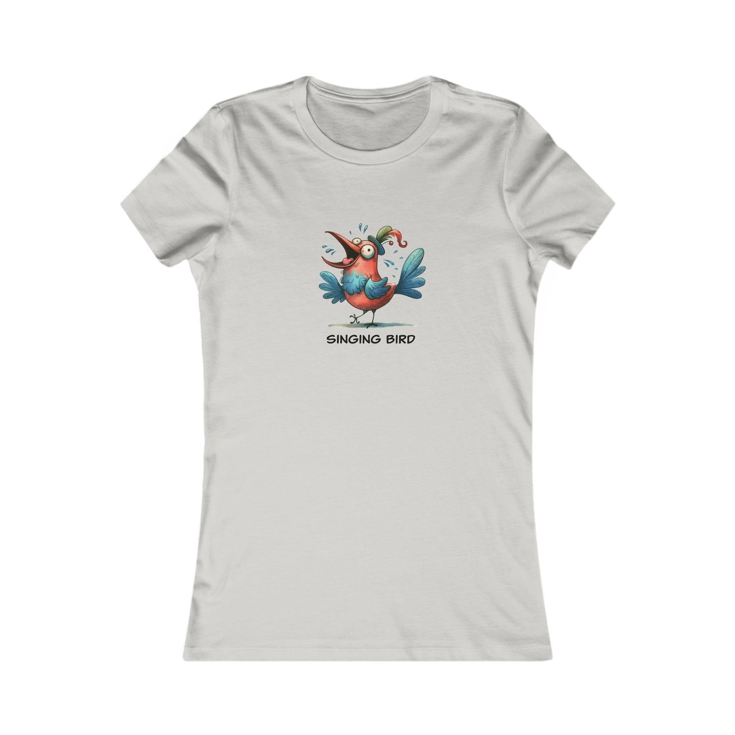 White singing bird shirt women with colorful cartoon bird graphic and round neck print