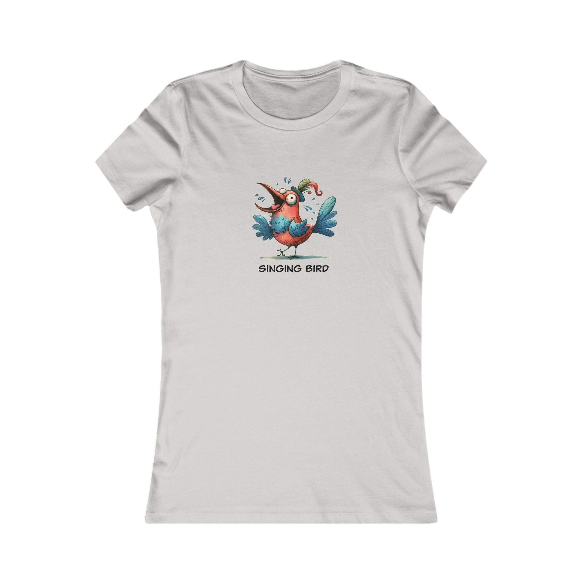 White singing bird shirt women with colorful cartoon bird graphic and round neck print