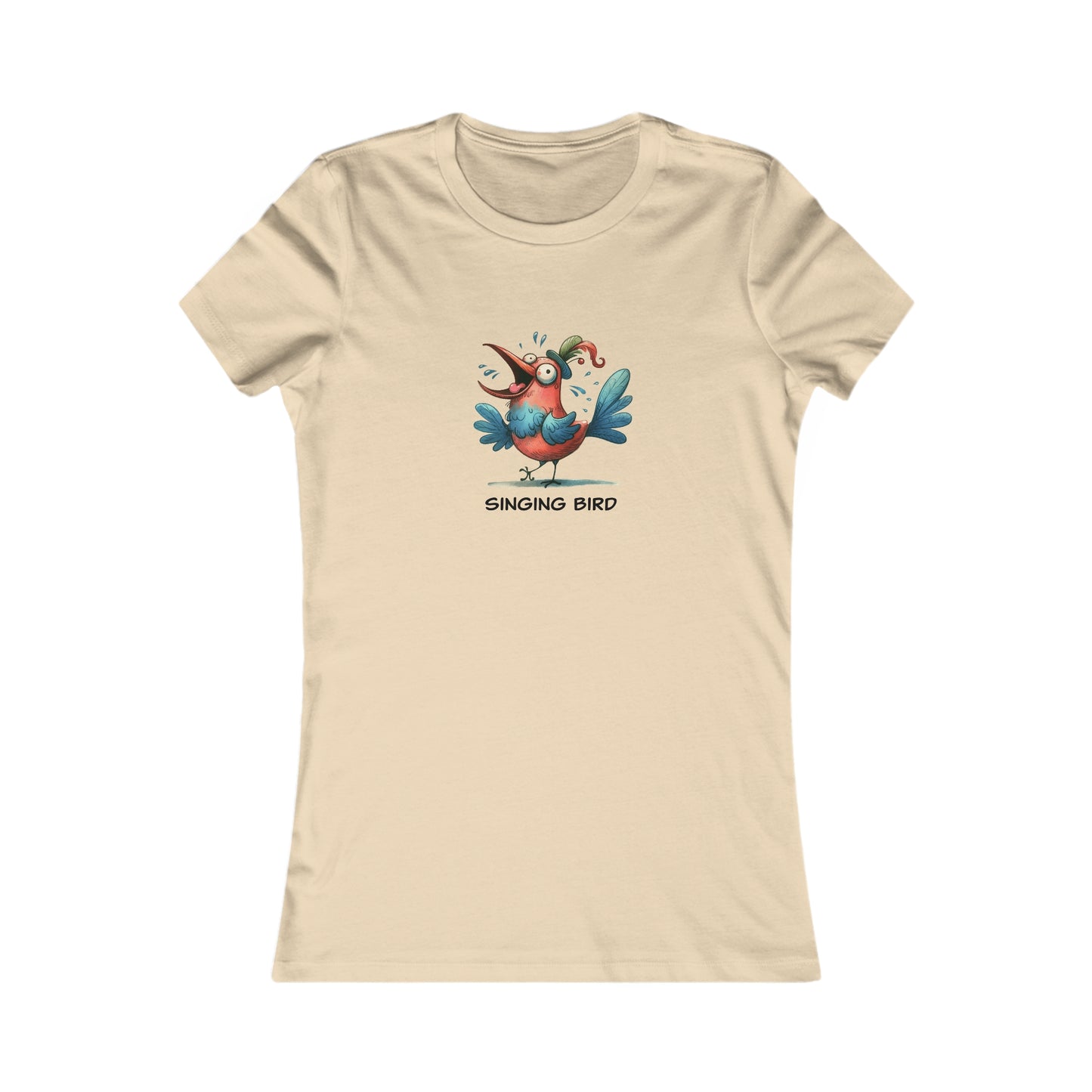 Beige women’s T-shirt with colorful cartoon singing bird design and text singing bird shirt women