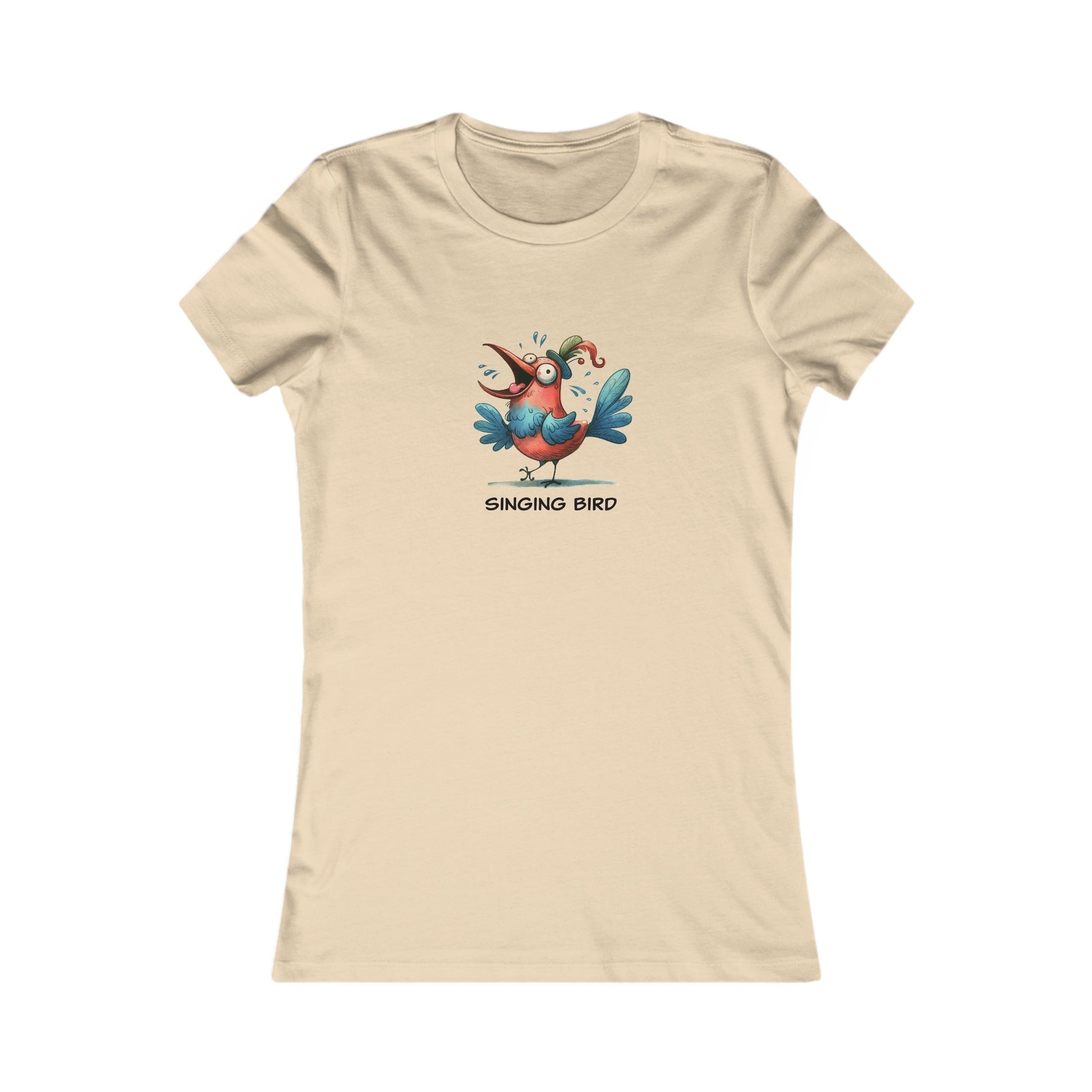 Beige women’s T-shirt with colorful cartoon singing bird design and text singing bird shirt women
