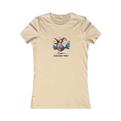 Beige women’s T-shirt with colorful cartoon singing bird design and text singing bird shirt women