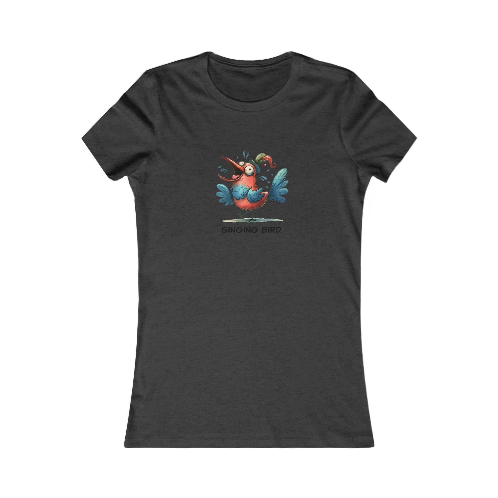 Printify singing bird shirt women black fitted t-shirt with colorful cartoon bird design