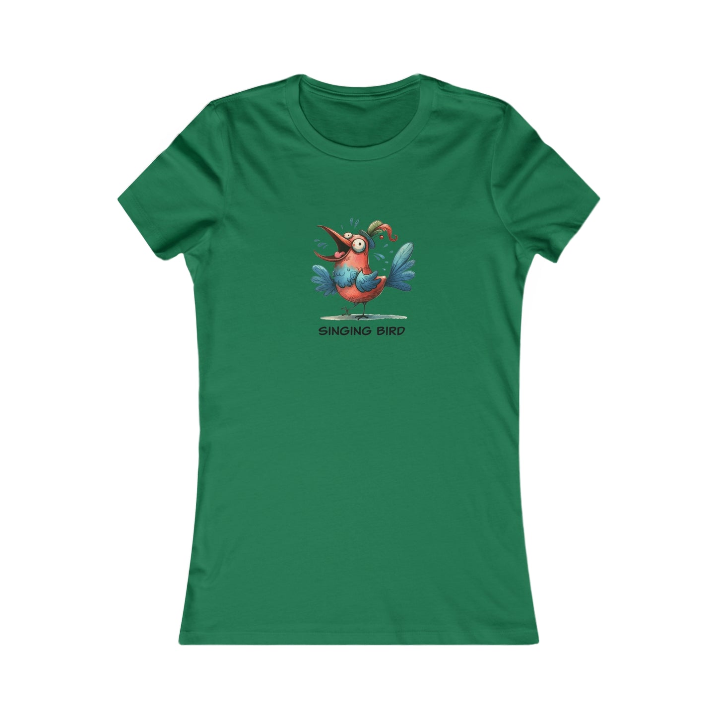 Green Printify t-shirt featuring a colorful cartoon singing bird shirt women design
