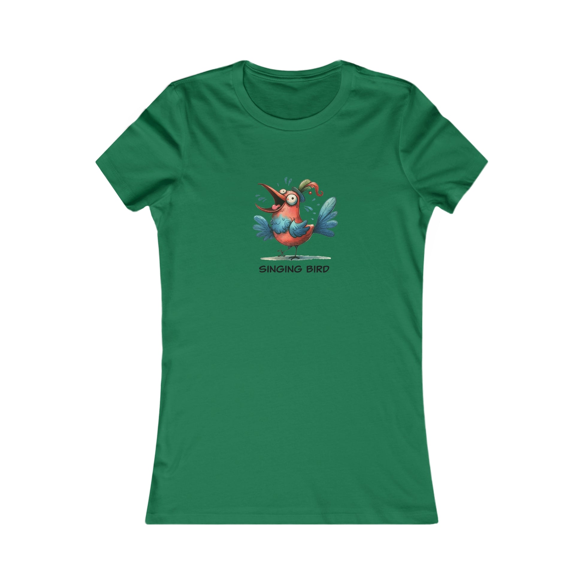 Green Printify t-shirt featuring a colorful cartoon singing bird shirt women design