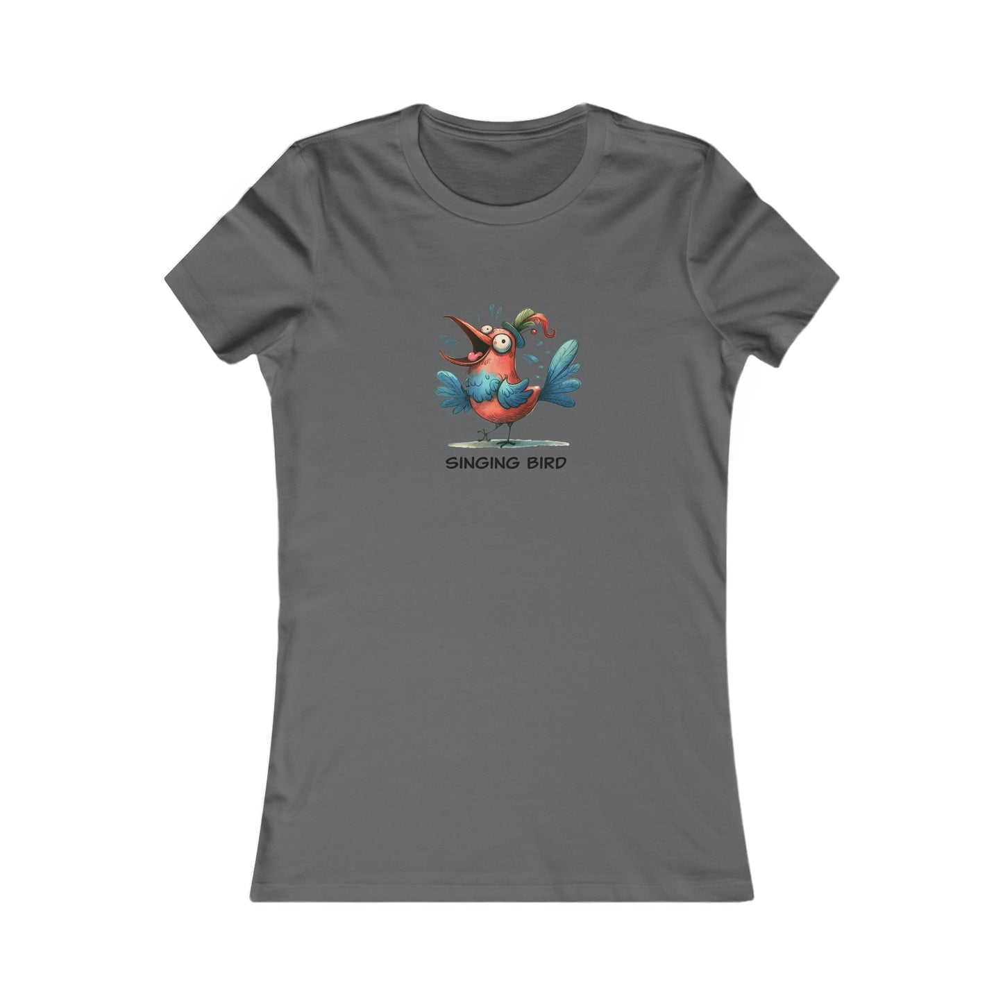 Gray T-shirt with colorful cartoon singing bird graphic and text singing bird shirt women