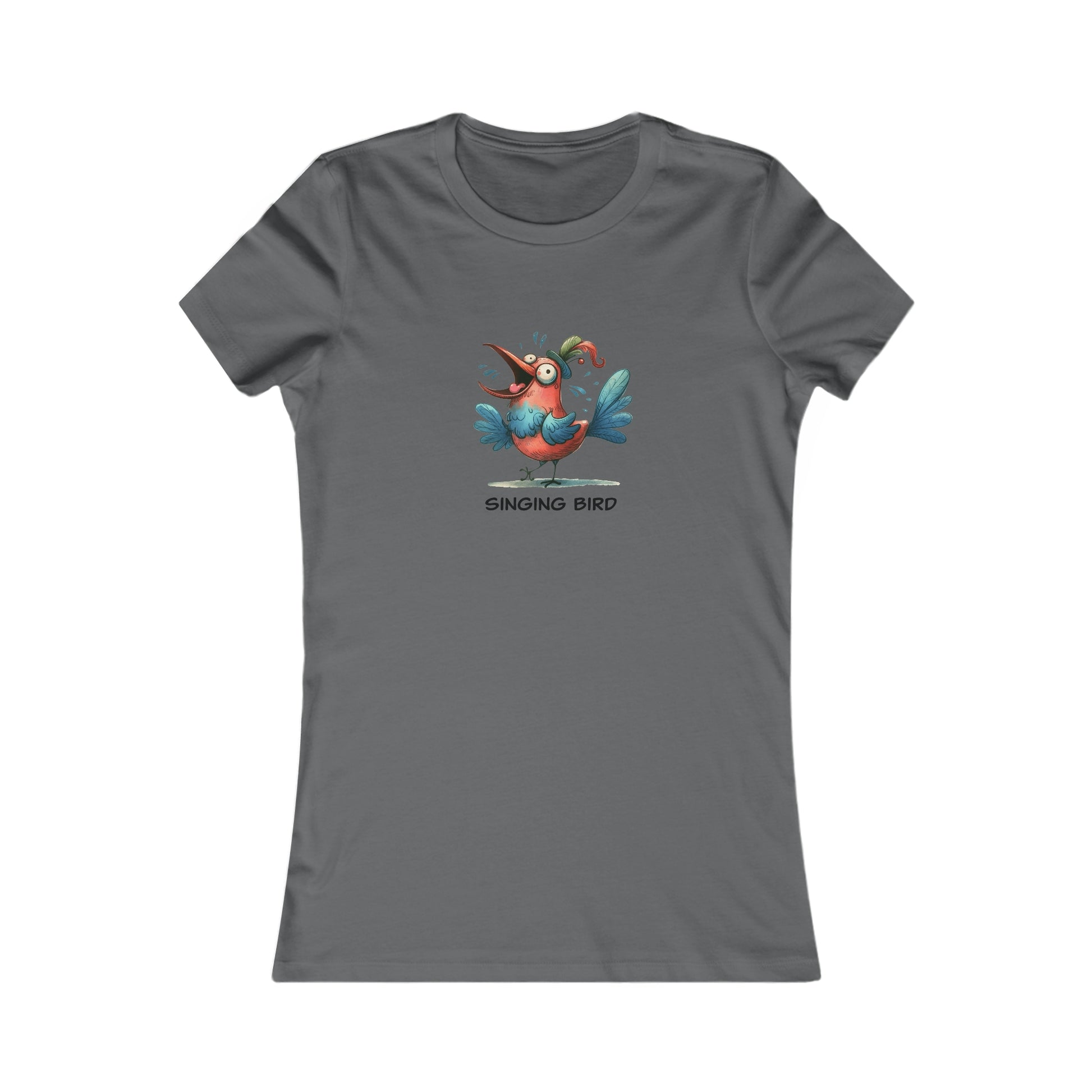 Gray T-shirt with colorful cartoon singing bird graphic and text singing bird shirt women
