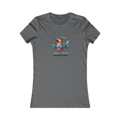 Gray T-shirt with colorful cartoon singing bird graphic and text singing bird shirt women