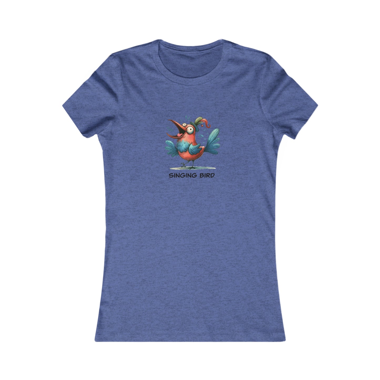 Blue Printify t-shirt with colorful singing bird graphic and text singing bird shirt women