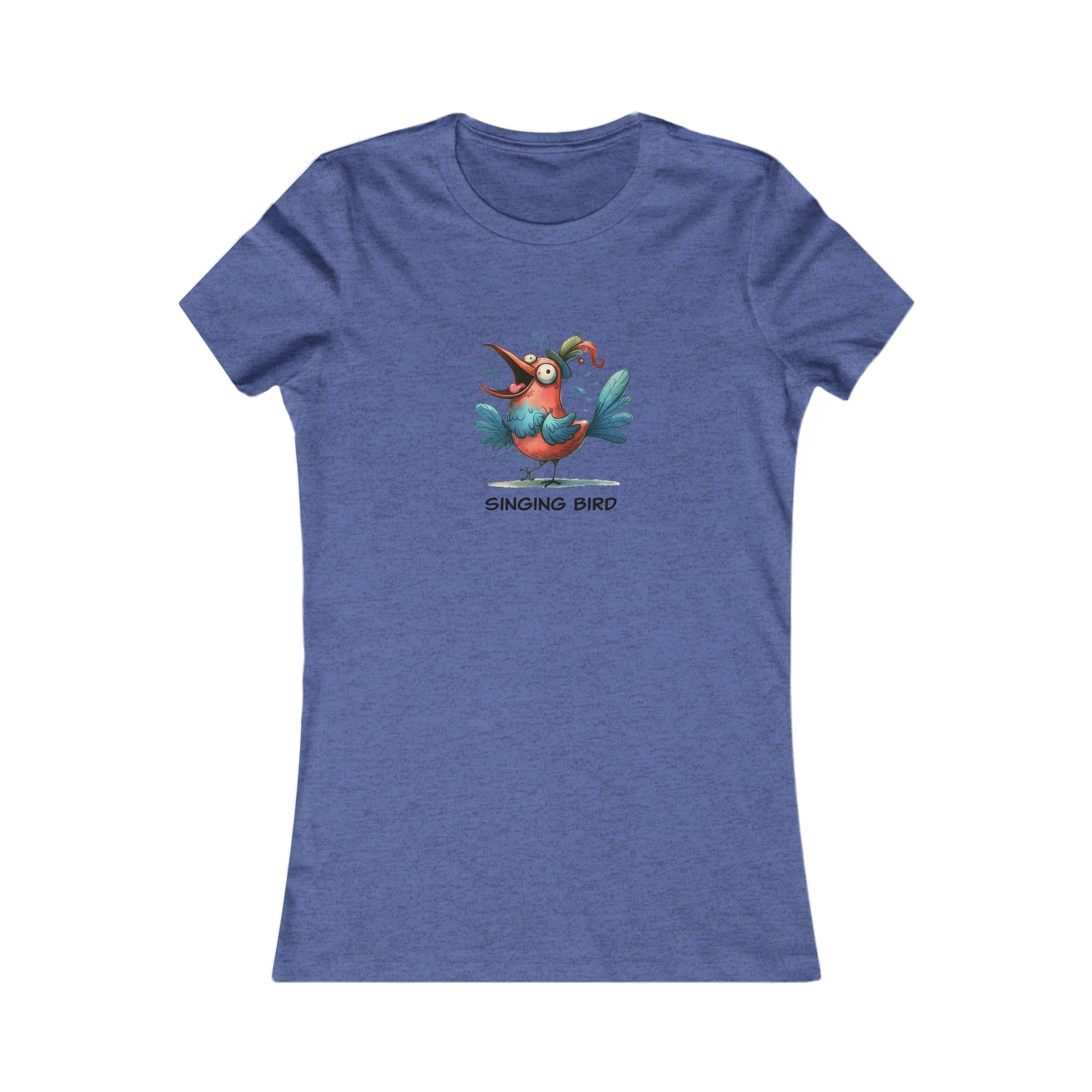Blue Printify t-shirt with colorful singing bird graphic and text singing bird shirt women