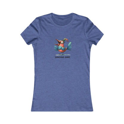 Blue Printify t-shirt with colorful singing bird graphic and text singing bird shirt women