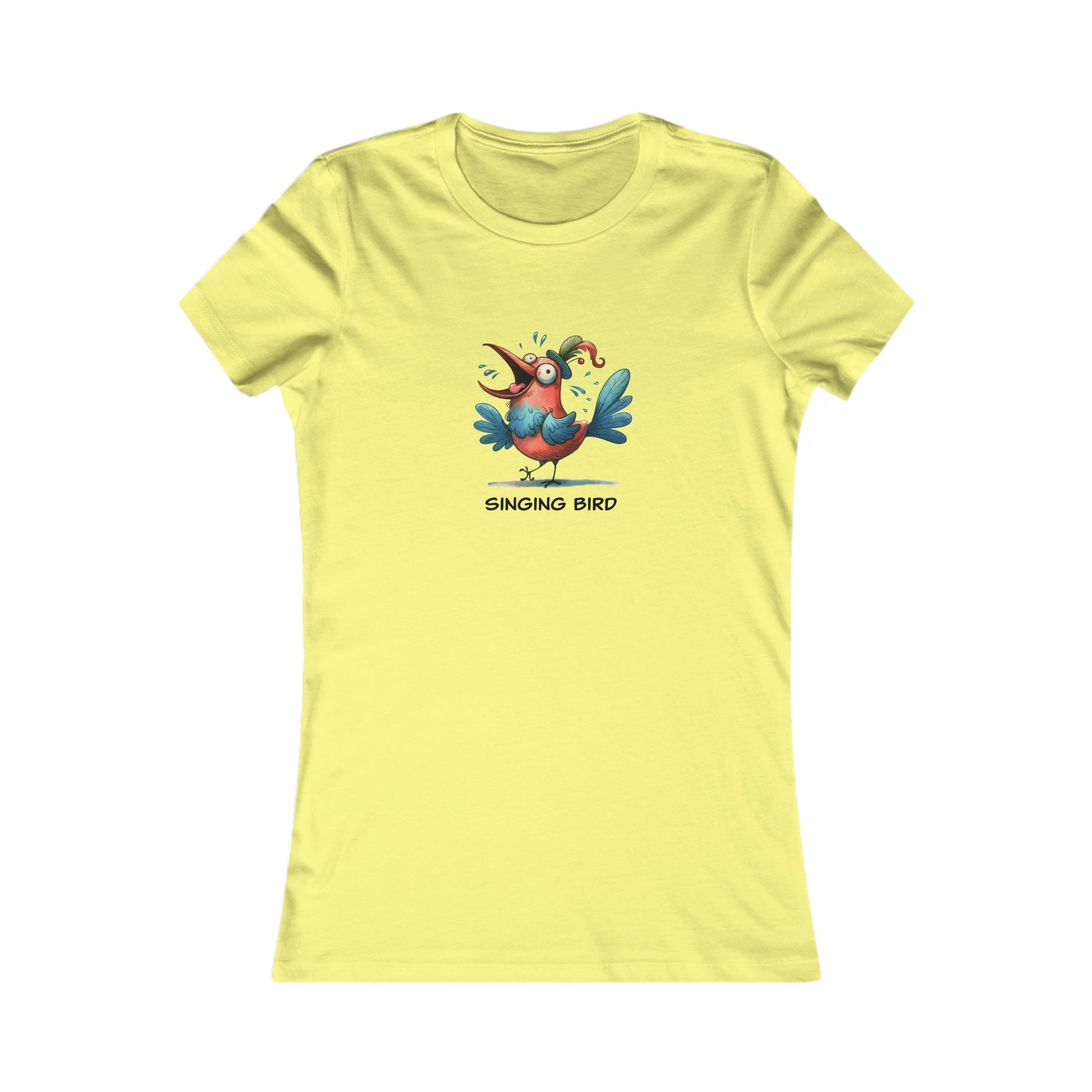 Yellow singing bird shirt women featuring colorful cartoon bird graphic and round neck from Printify