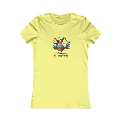 Yellow singing bird shirt women featuring colorful cartoon bird graphic and round neck from Printify
