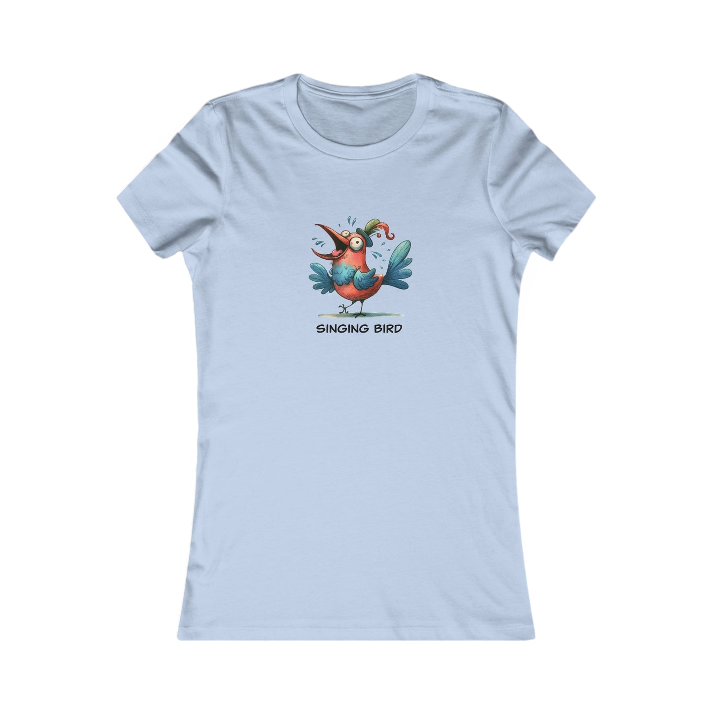 Light blue Printify t-shirt with colorful cartoon singing bird design and singing bird shirt women text