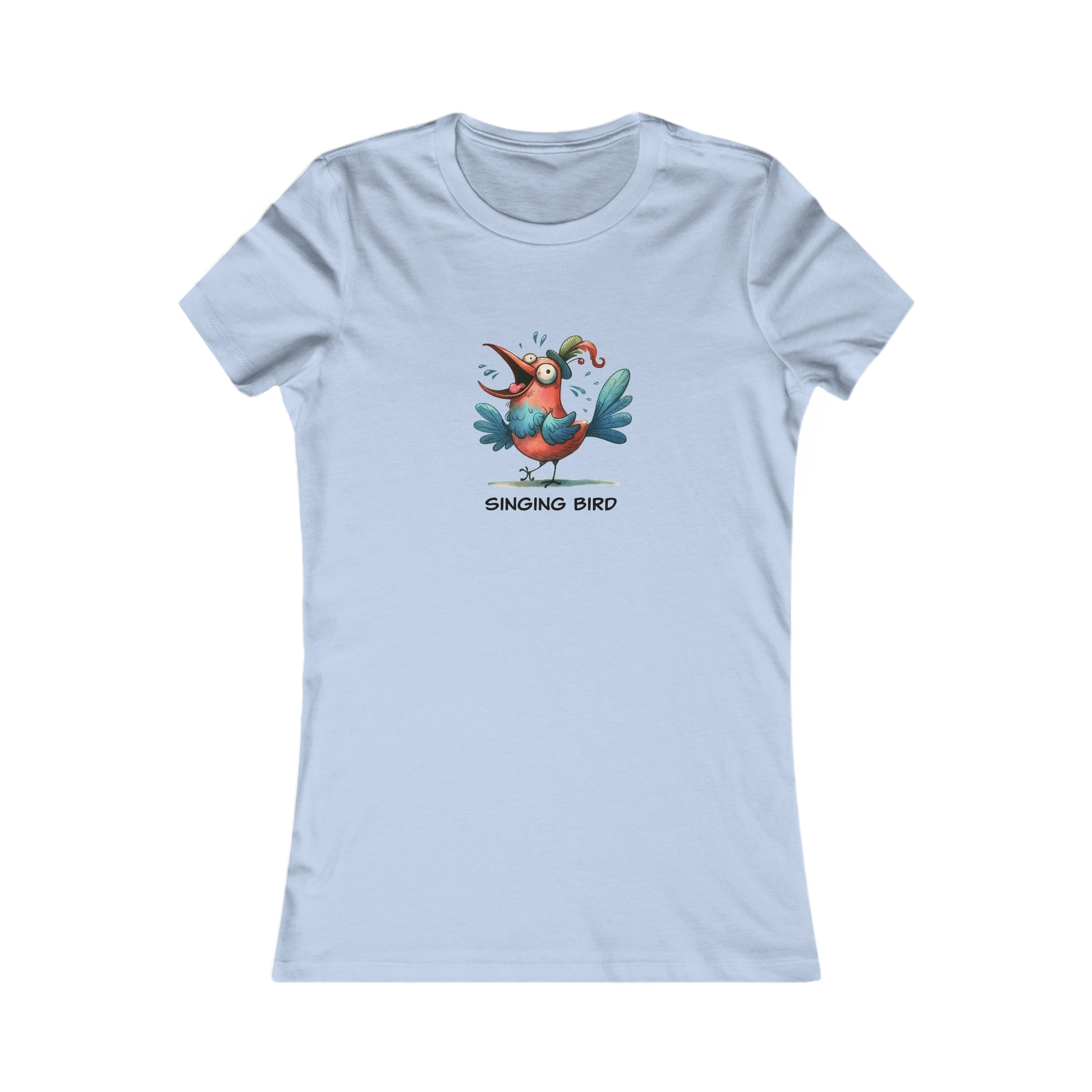 Light blue Printify t-shirt with colorful cartoon singing bird design and singing bird shirt women text