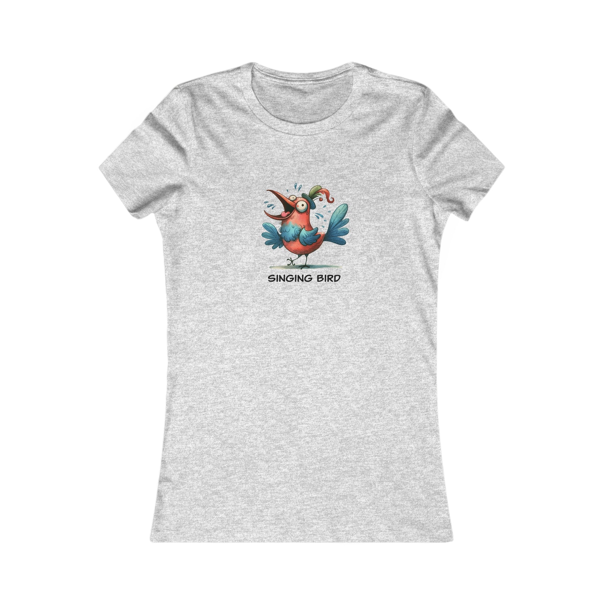Light gray women's t-shirt with colorful cartoon singing bird graphic and singing bird shirt women text