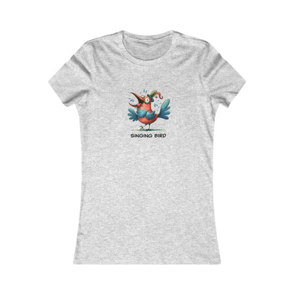Light gray women's t-shirt with colorful cartoon singing bird graphic and singing bird shirt women text
