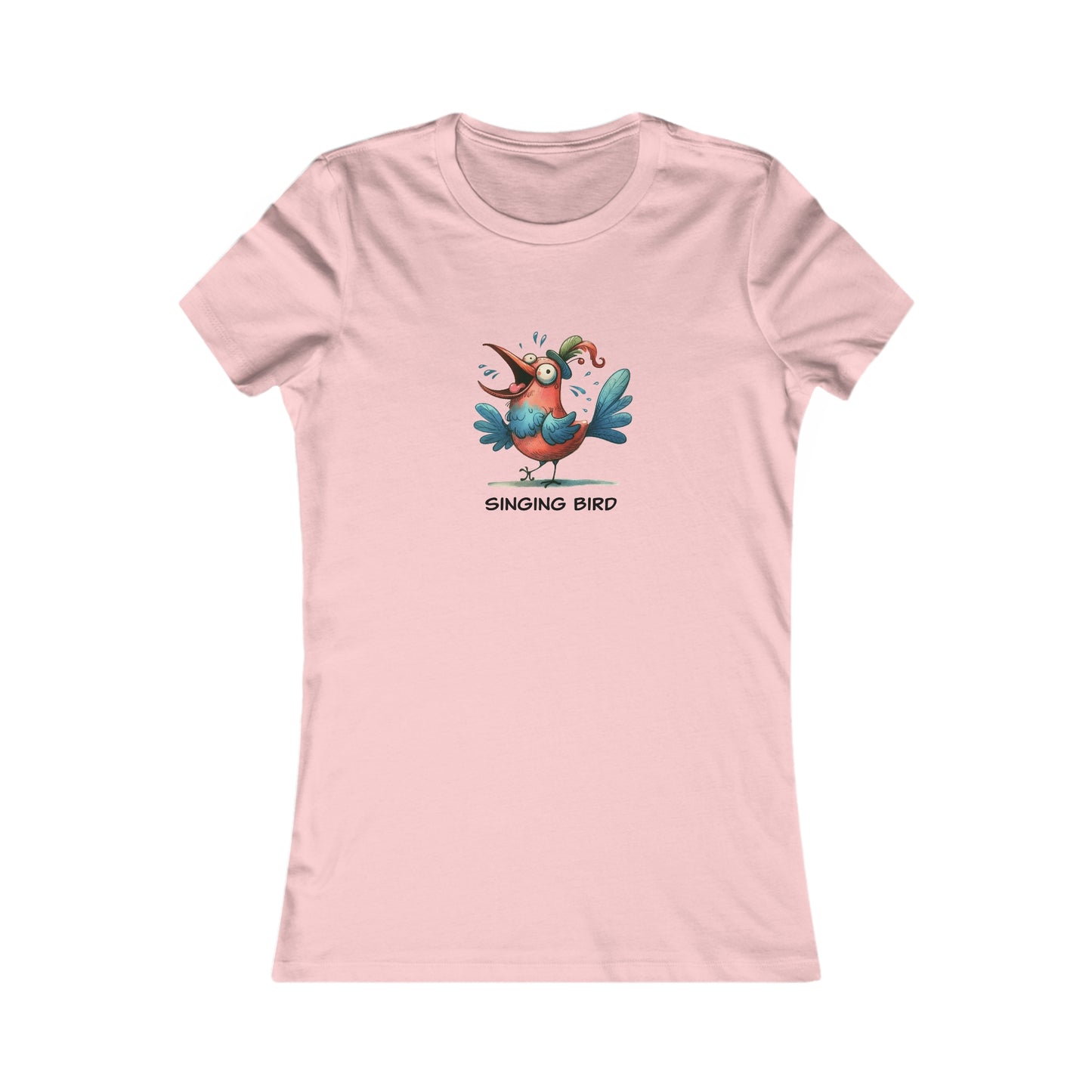 Pink Printify t-shirt with colorful cartoon singing bird design and text singing bird shirt women