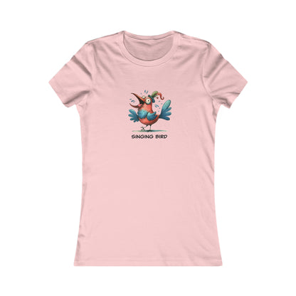 Pink Printify t-shirt with colorful cartoon singing bird design and text singing bird shirt women