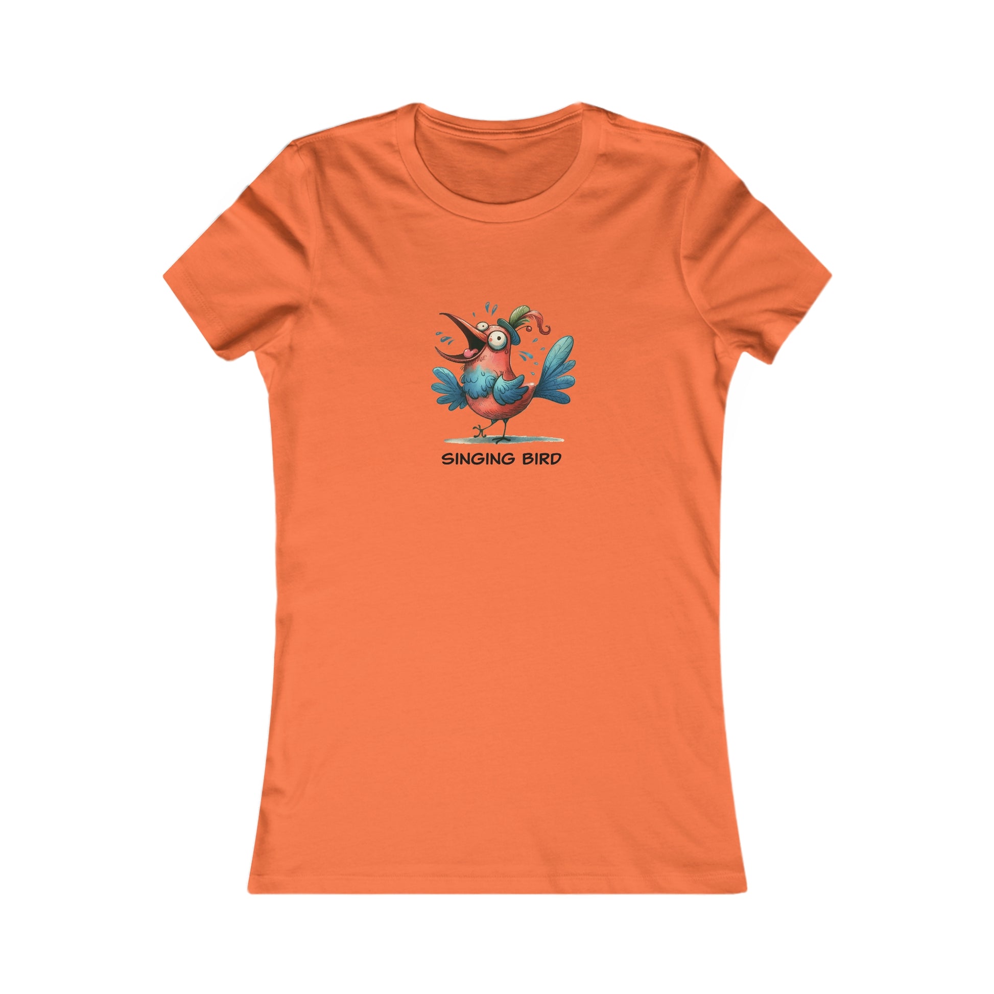 Orange singing bird shirt women with colorful cartoon bird graphic and round neckline by Printify