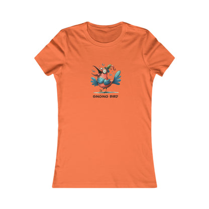 Orange singing bird shirt women with colorful cartoon bird graphic and round neckline by Printify