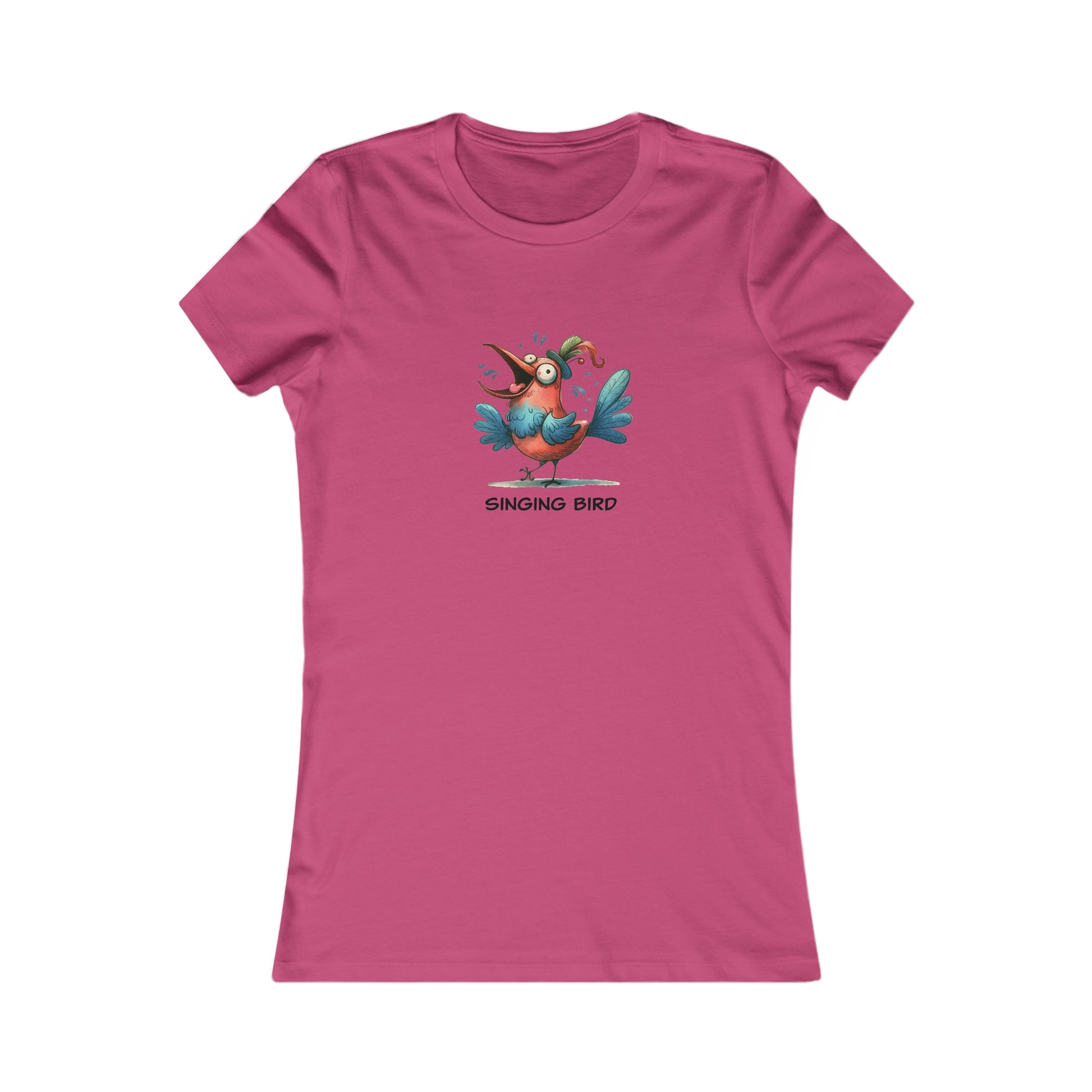 Pink Printify singing bird shirt women with colorful cartoon bird graphic on front