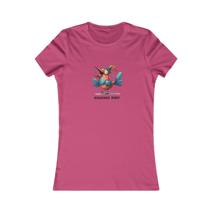 Pink Printify singing bird shirt women with colorful cartoon bird graphic on front