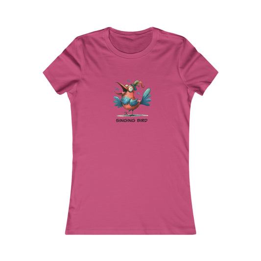 Pink Printify singing bird shirt women with colorful cartoon bird graphic on front