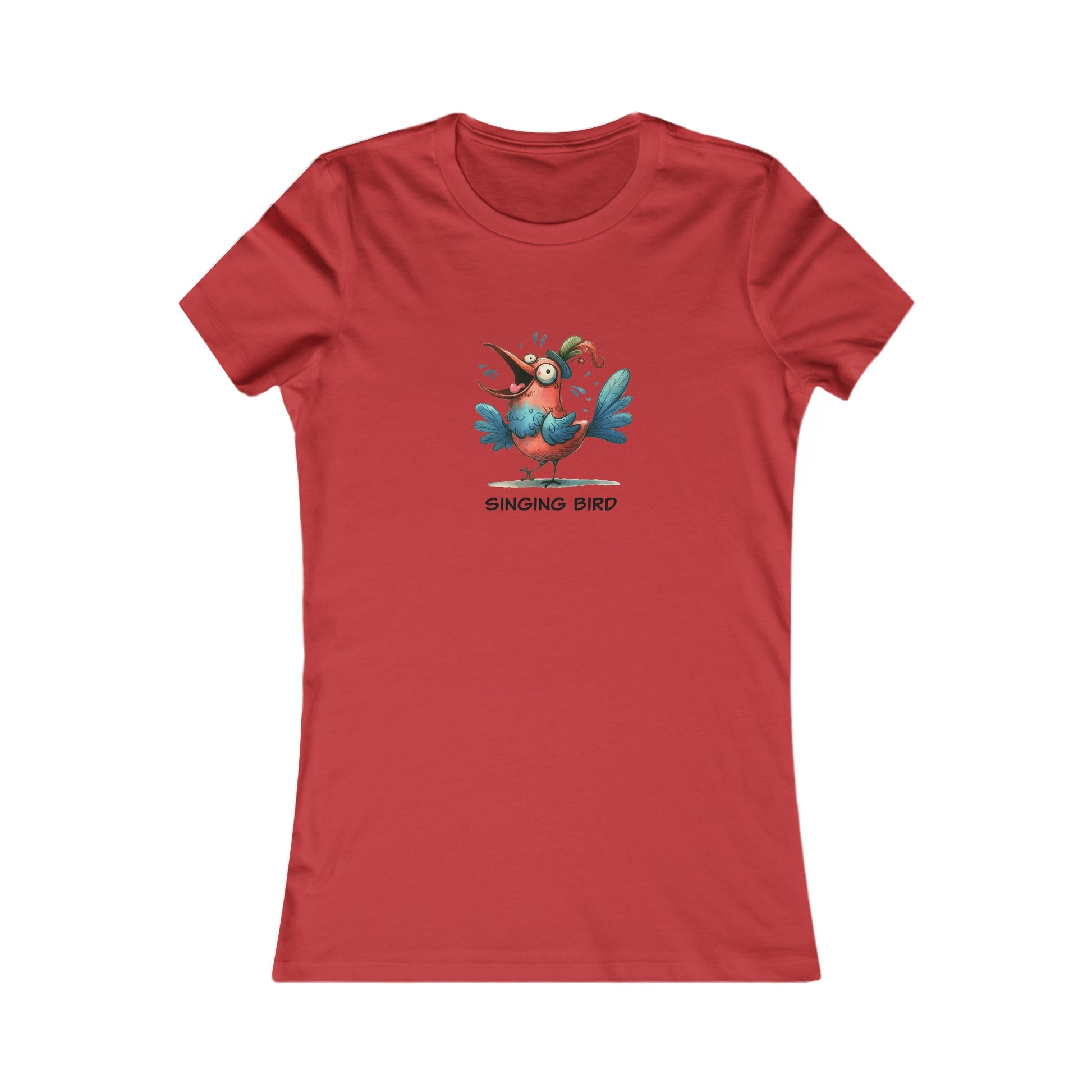 Printify red t-shirt featuring a colorful cartoon singing bird shirt women design