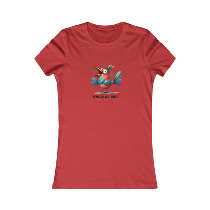 Printify red t-shirt featuring a colorful cartoon singing bird shirt women design