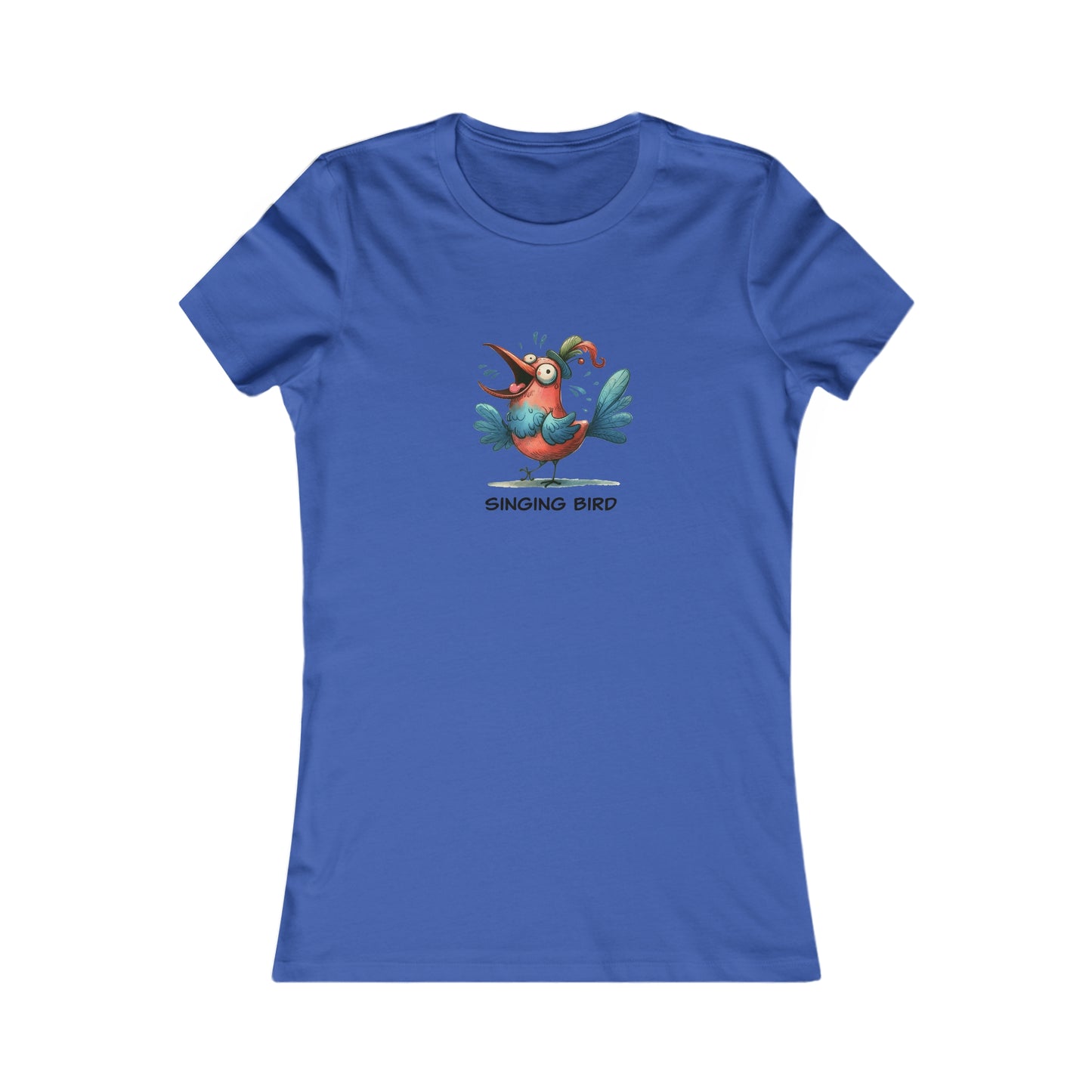 Blue singing bird shirt women with colorful cartoon bird graphic and text printed on front