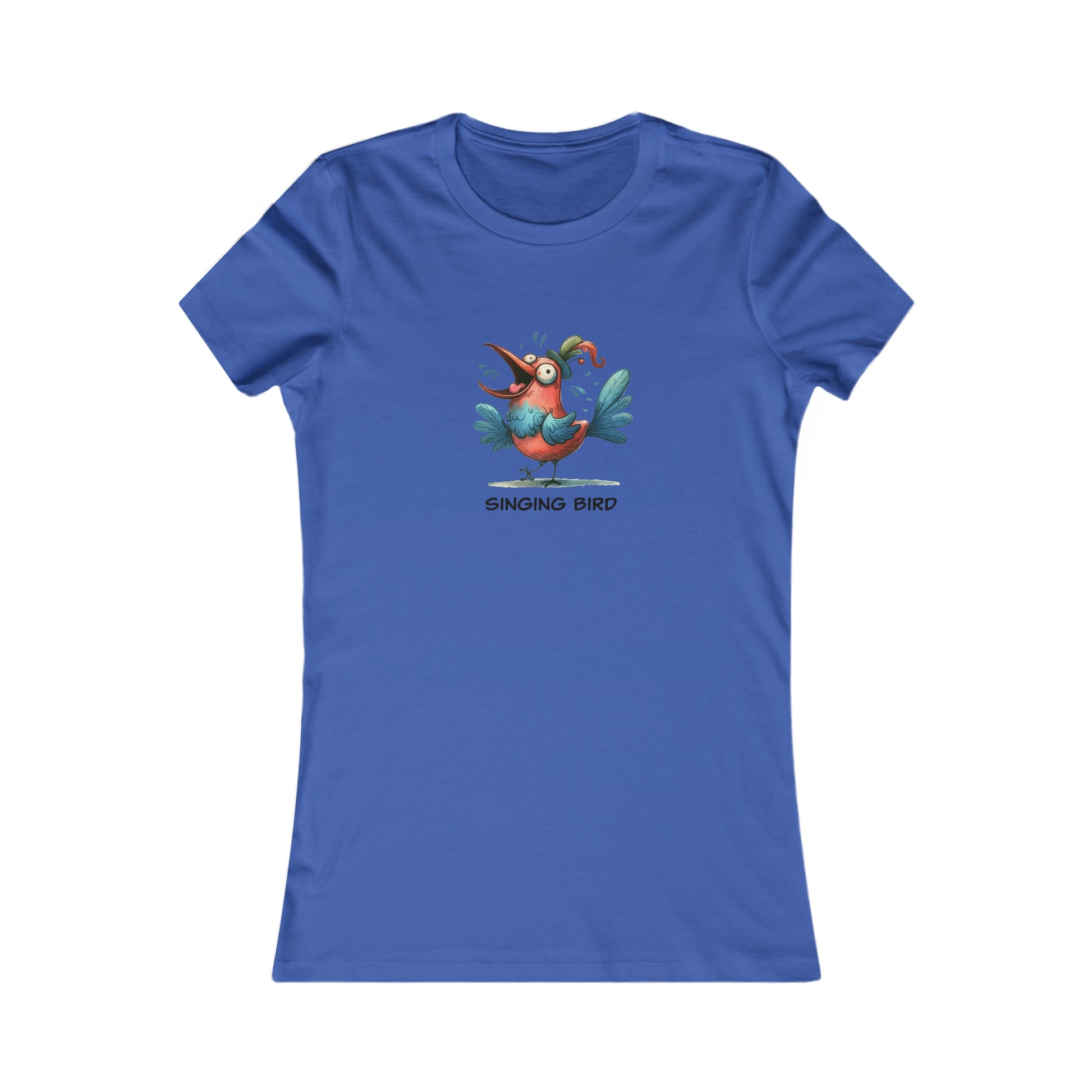 Blue singing bird shirt women with colorful cartoon bird graphic and text printed on front