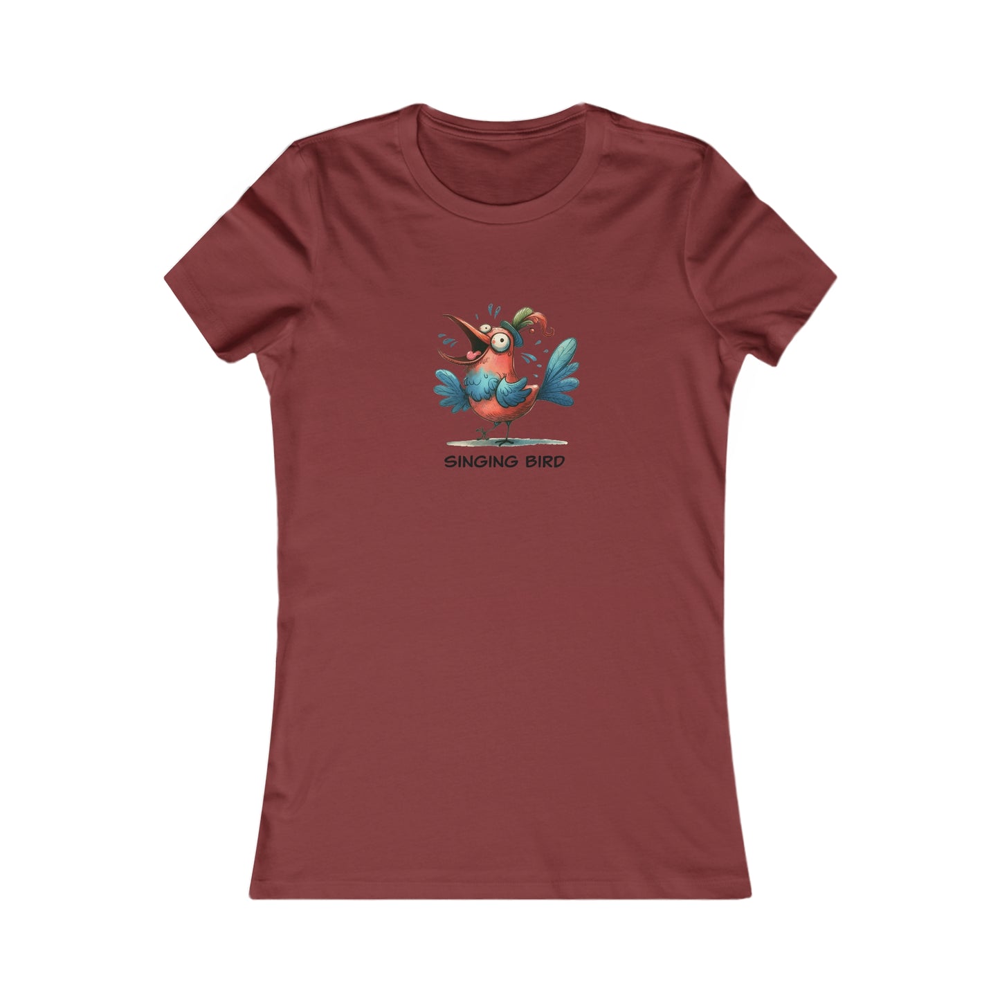 Printify singing bird shirt women in maroon featuring a colorful cartoon bird graphic