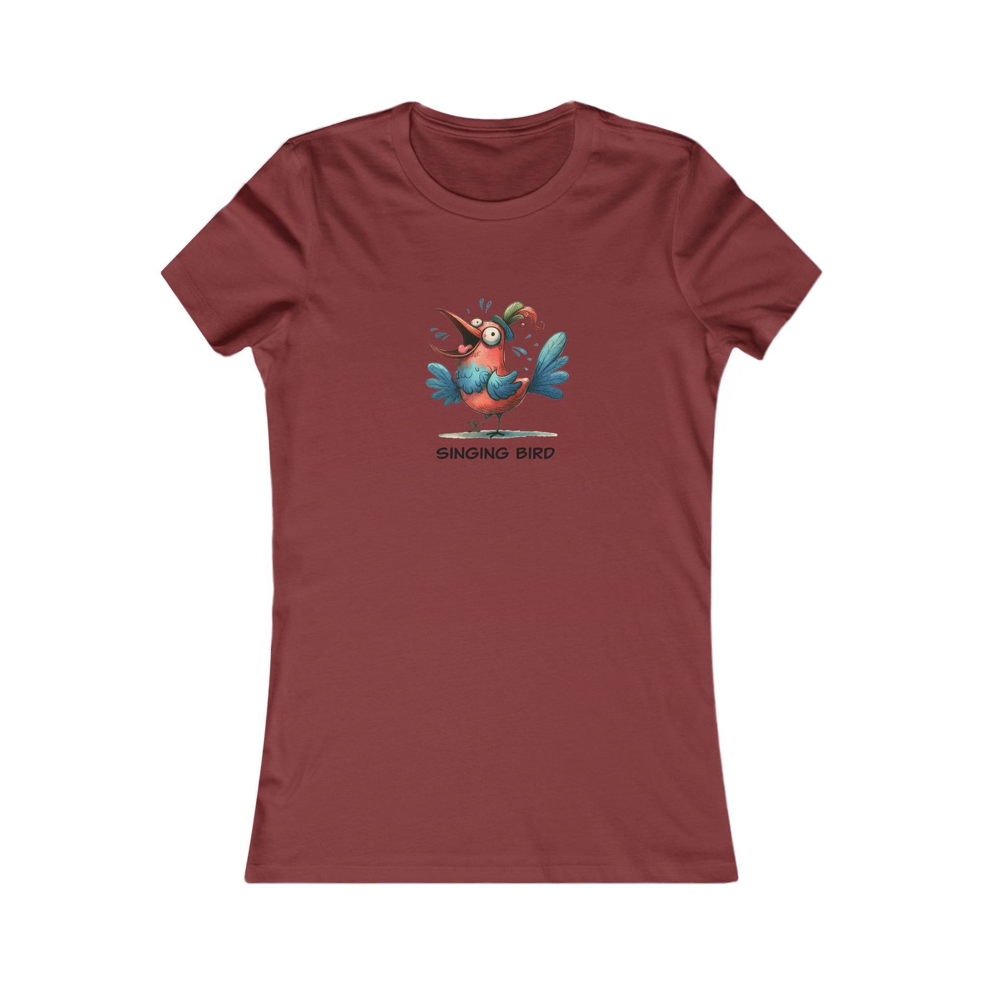 Printify singing bird shirt women in maroon featuring a colorful cartoon bird graphic