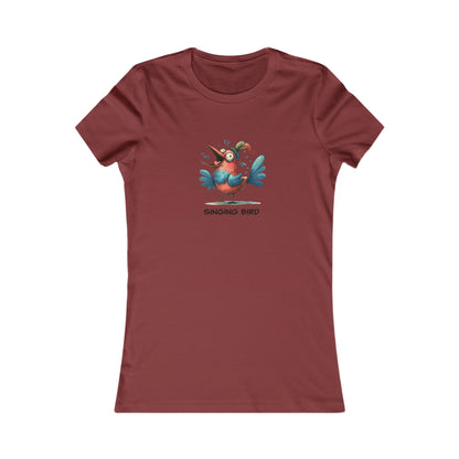 Printify singing bird shirt women in maroon featuring a colorful cartoon bird graphic