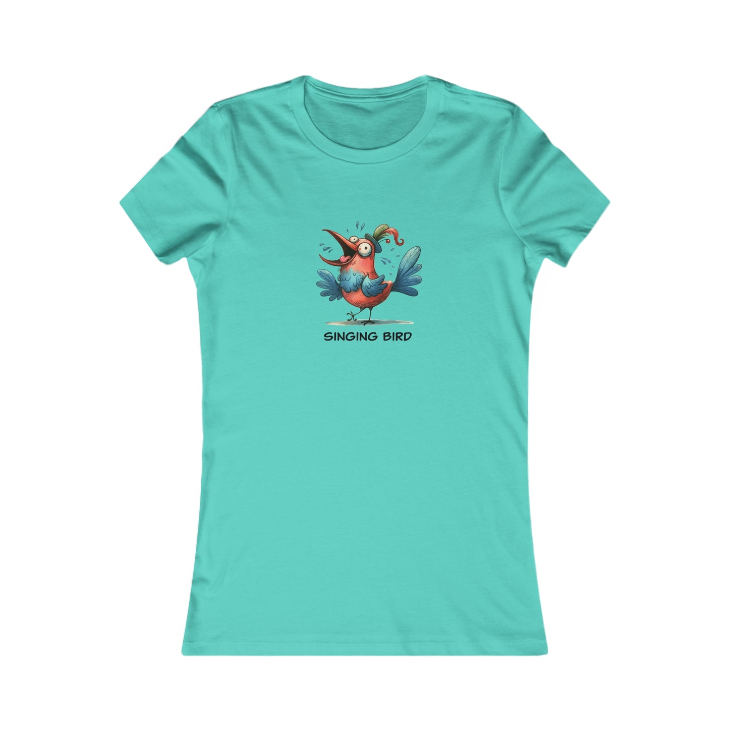 Aqua women’s singing bird shirt women featuring a colorful cartoon bird graphic by Printify