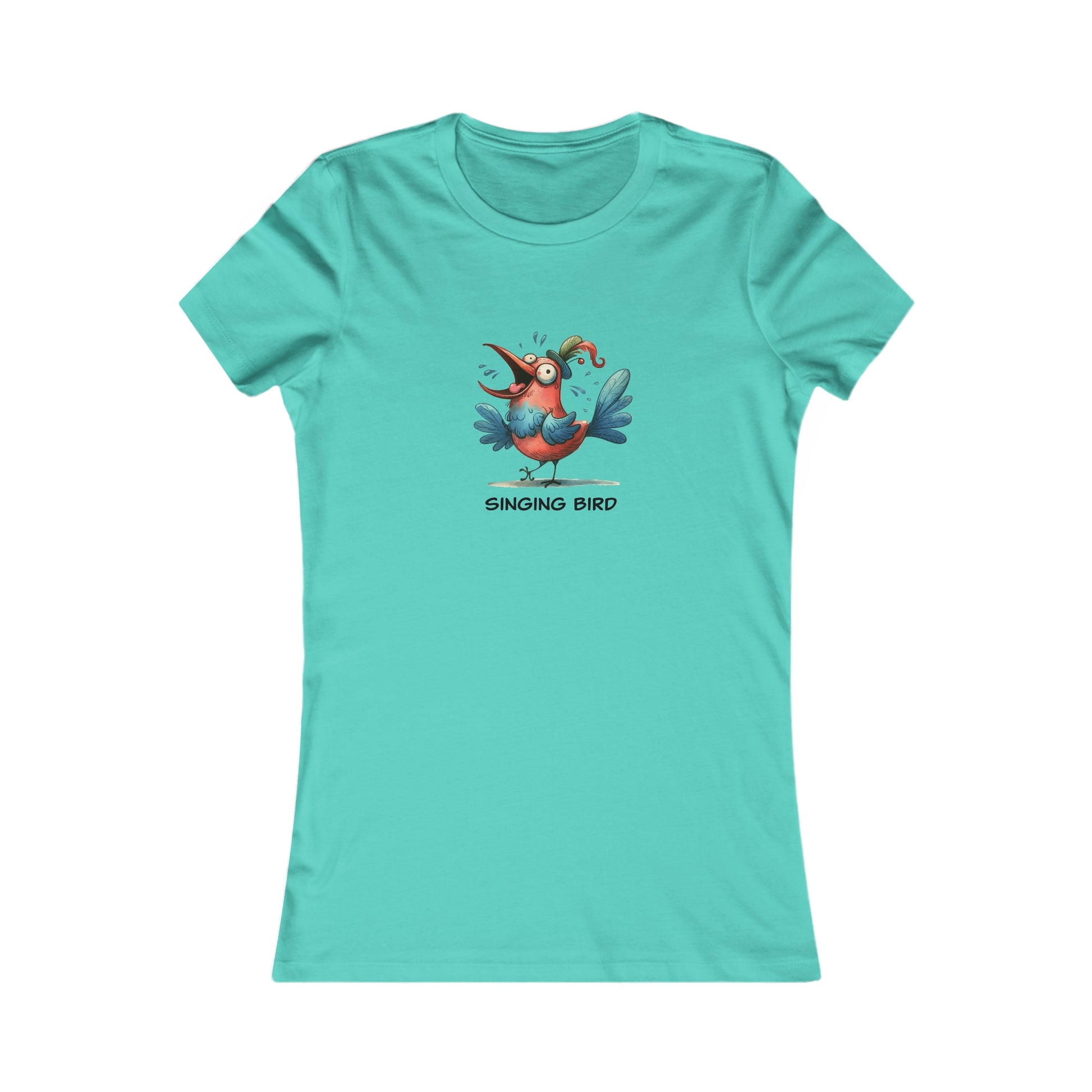 Aqua women’s singing bird shirt women featuring a colorful cartoon bird graphic by Printify