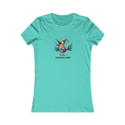 Aqua women’s singing bird shirt women featuring a colorful cartoon bird graphic by Printify