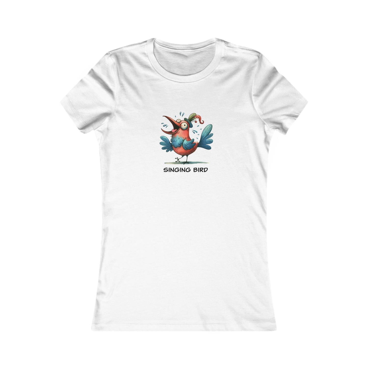 White Printify T-shirt featuring a colorful cartoon singing bird graphic singing bird shirt women