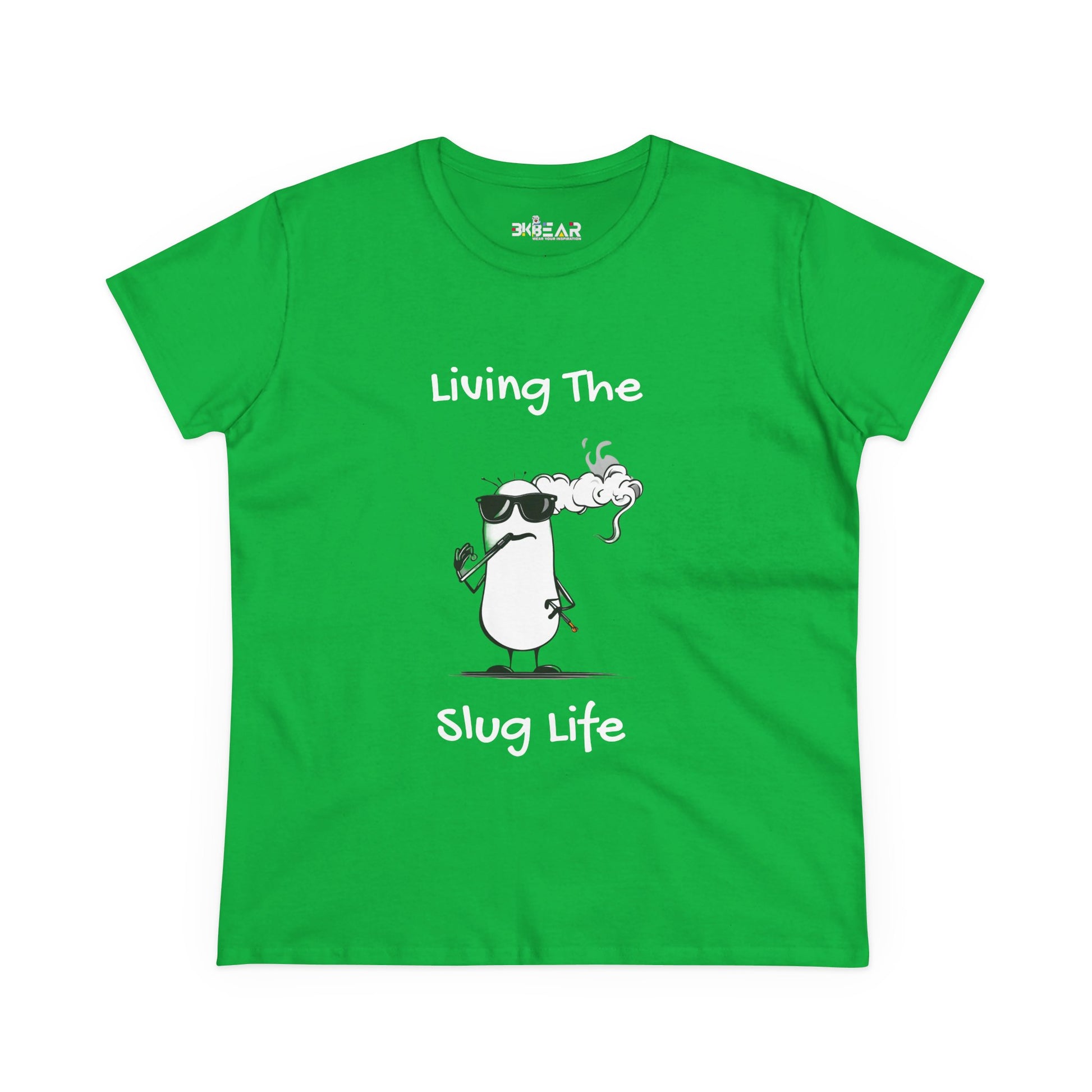 Green Printify slug life shirt with cartoon smoking slug and text Living The Slug Life
