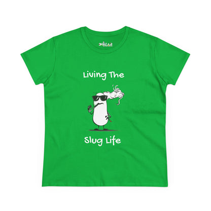 Green Printify slug life shirt with cartoon smoking slug and text Living The Slug Life