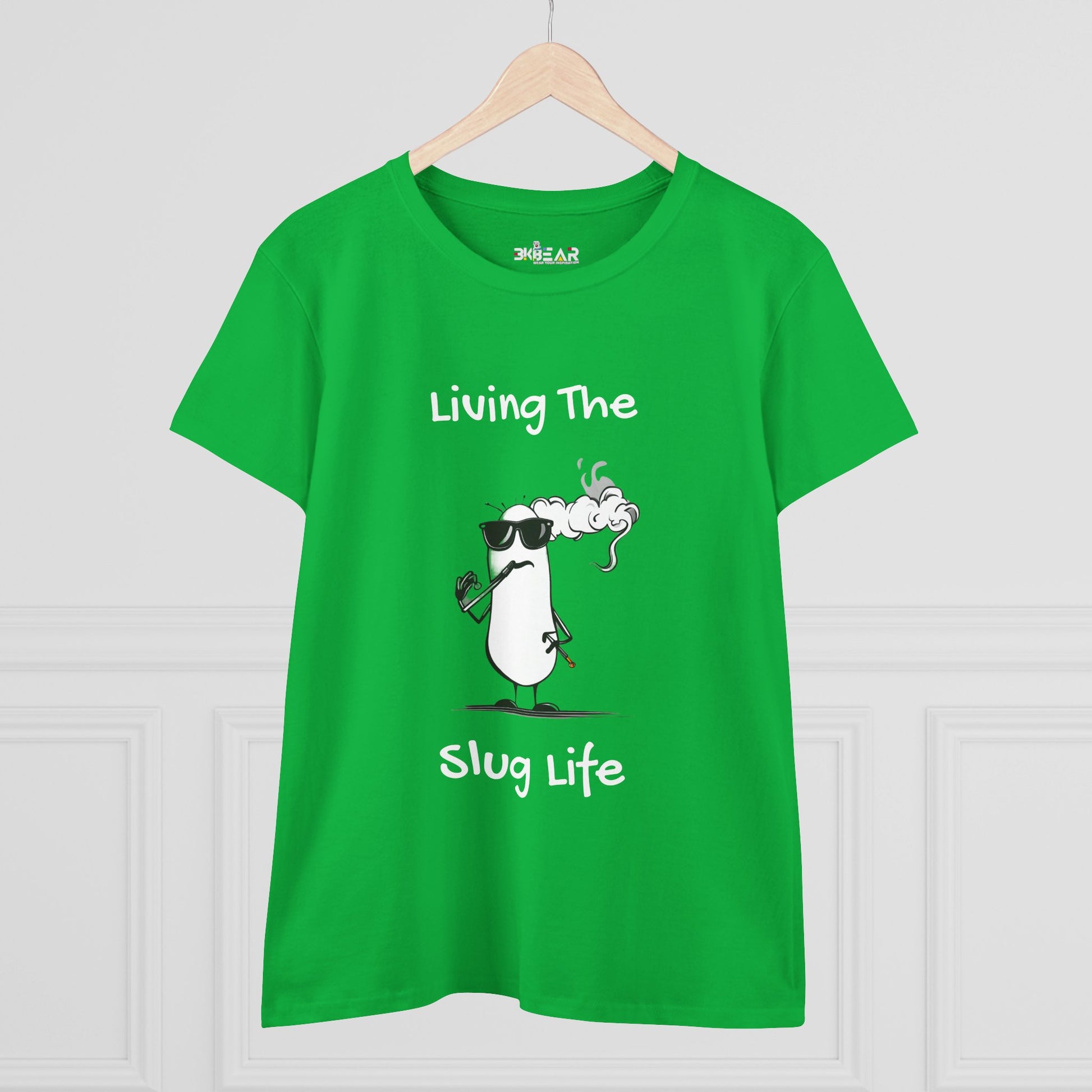 Green Printify T-shirt with cool cartoon slug and text Living The Slug Life shirt